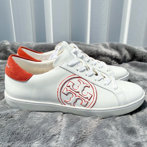 TORY BURCH NEW T-LOGO SNEAKER LEATHER SUEDE TRIM SNOW WHITE/CANYON ORANGE SZ 9 - Picture 1 of 12